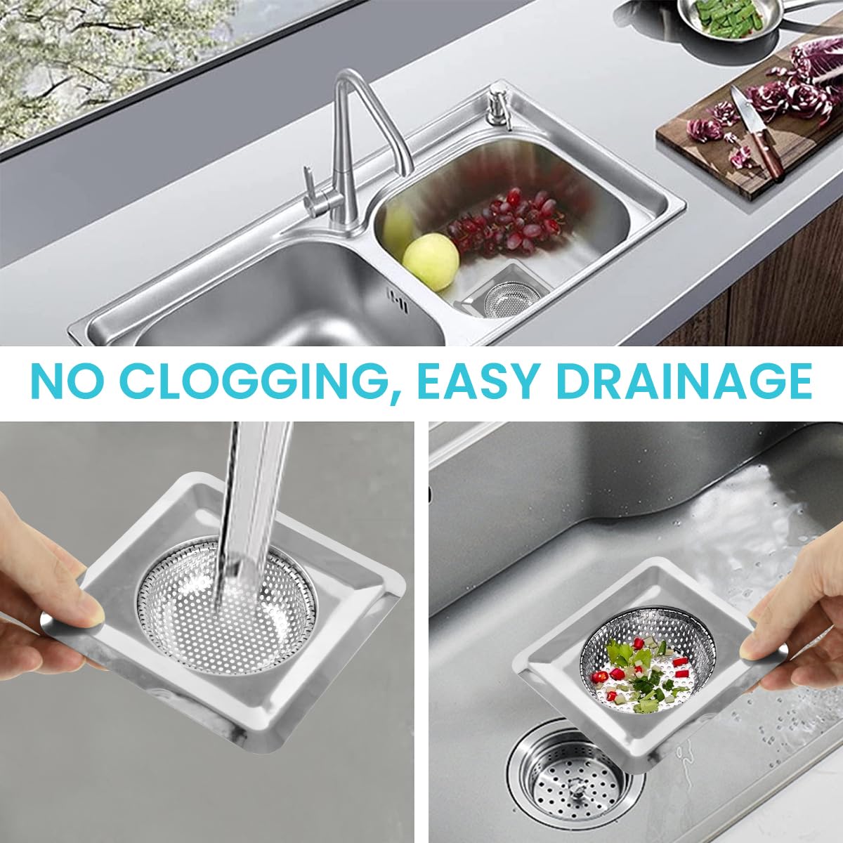 HASTHIP 2Pcs Square Stainless Steel Kitchen Strainer, Drain Filter, Wide Rim Anti Clogging Mesh Drain Filter Vegetable Hair Catcher Drain Cover, 4.3 inches Diameter (Silver) HASTHIP 2Pcs Square Stainless Steel Kitchen Strainer, Drain Filter, Wide Rim Anti Clogging Mesh Drain Filter Vegetable Hair Catcher Drain Cover, 4.3 inches Diameter (Silver)